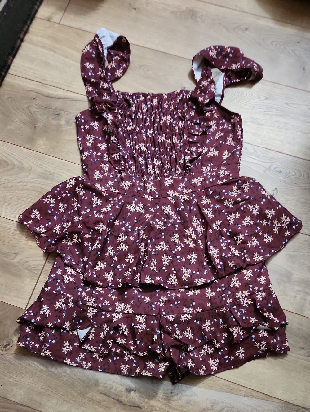Girls' Burgundy Floral Ruffle Romper